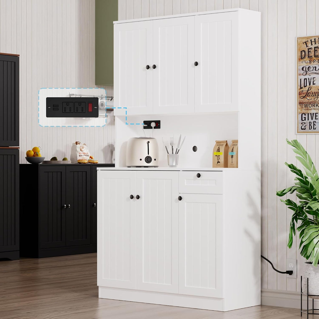 Furnify 71' H Pantry Cabinet with Charging Station, Tall Kitchen Pantry Storage Cabinet with Microwave Stand, Farmhouse Kitchen Hutch with Storage Drawer for Living Room, Dining Room, White