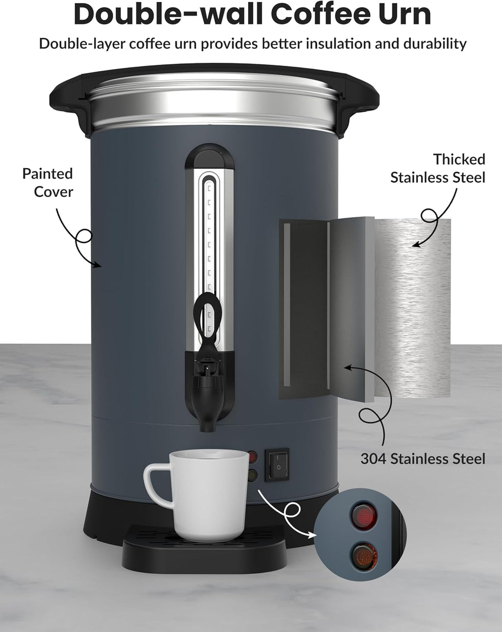 100 Cup Commercial Coffee Urn (14L/3.8 Gal), Double-Wall Insulated Stainless Steel Electric Hot Beverage Dispenser with Fast Brew for Catering, Events & Buffets