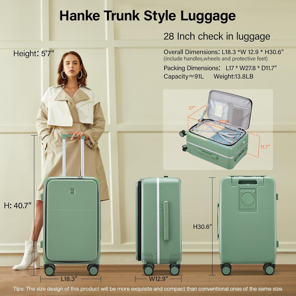 Hanke 28 Inch Checked Luggage with Cup Holder and USB Ports, Top Opening Hard Shell Suitcase with Wheels, Aluminum Frame Large Trunk Luggage with Foldable Divider & TSA Lock for Travel, Forest Green