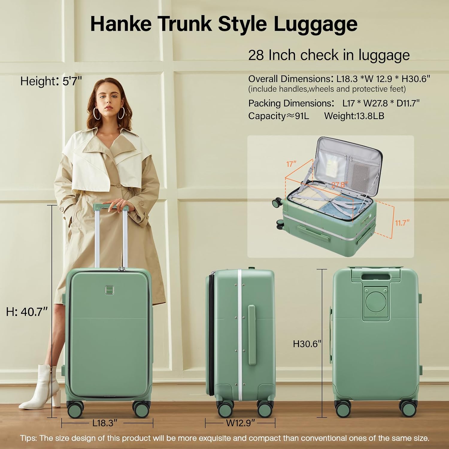 Hanke 28 Inch Checked Luggage with Cup Holder and USB Ports, Top Opening Hard Shell Suitcase with Wheels, Aluminum Frame Large Trunk Luggage with Foldable Divider & TSA Lock for Travel, Forest Green