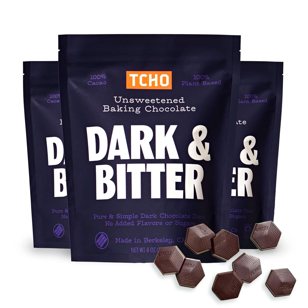 TCHO Dark & Bitter 100% Unsweetened Dark Chocolate Baking Couverture (3 Bag) | Organic & Fair Trade Certified | Non GMO, Non-Dairy, Vegan, Soy Free (8oz each)