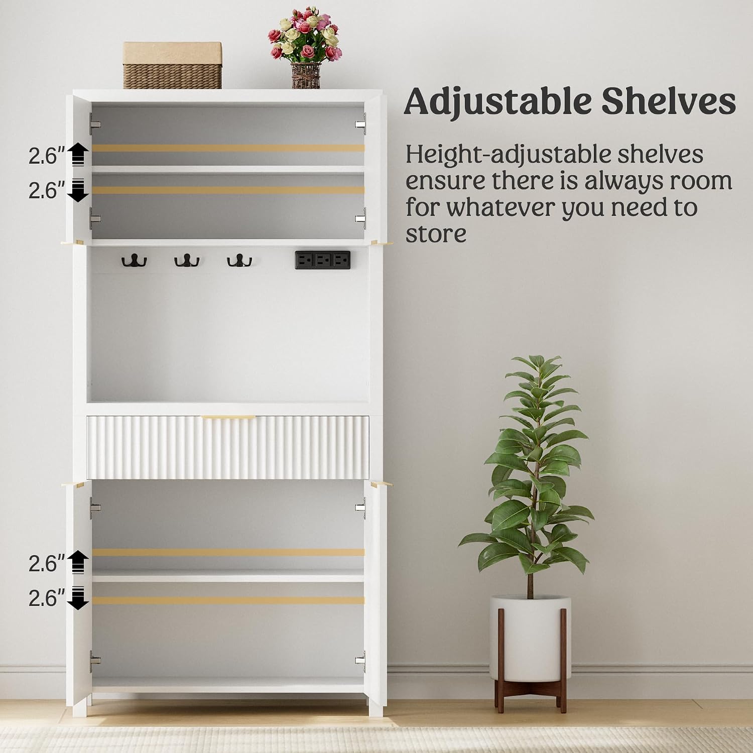 Lulive White Fluted Pantry Cabinet with Charging Station, Adjustable Shelves, Spacious Kitchen Storage Organizer with Open Countertop, Kitchen Hutch with Storage Drawers for Dining & Living Room