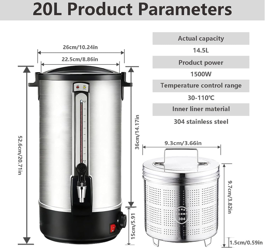 Commercial Coffee Maker 90-Cup Percolator Coffee Pot Electric Dispenser with Double Wall Stainless Steel Anti-Spill, 20L Large Fast Brew Hot Water Urn 20L