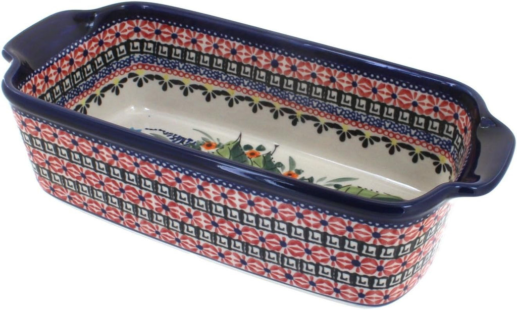 Blue Rose Polish Pottery - Red Floral Butterfly Loaf Baker - 9.25' x 5' - Ceramic Bread Baking Dish for Baking & Serving Loaves