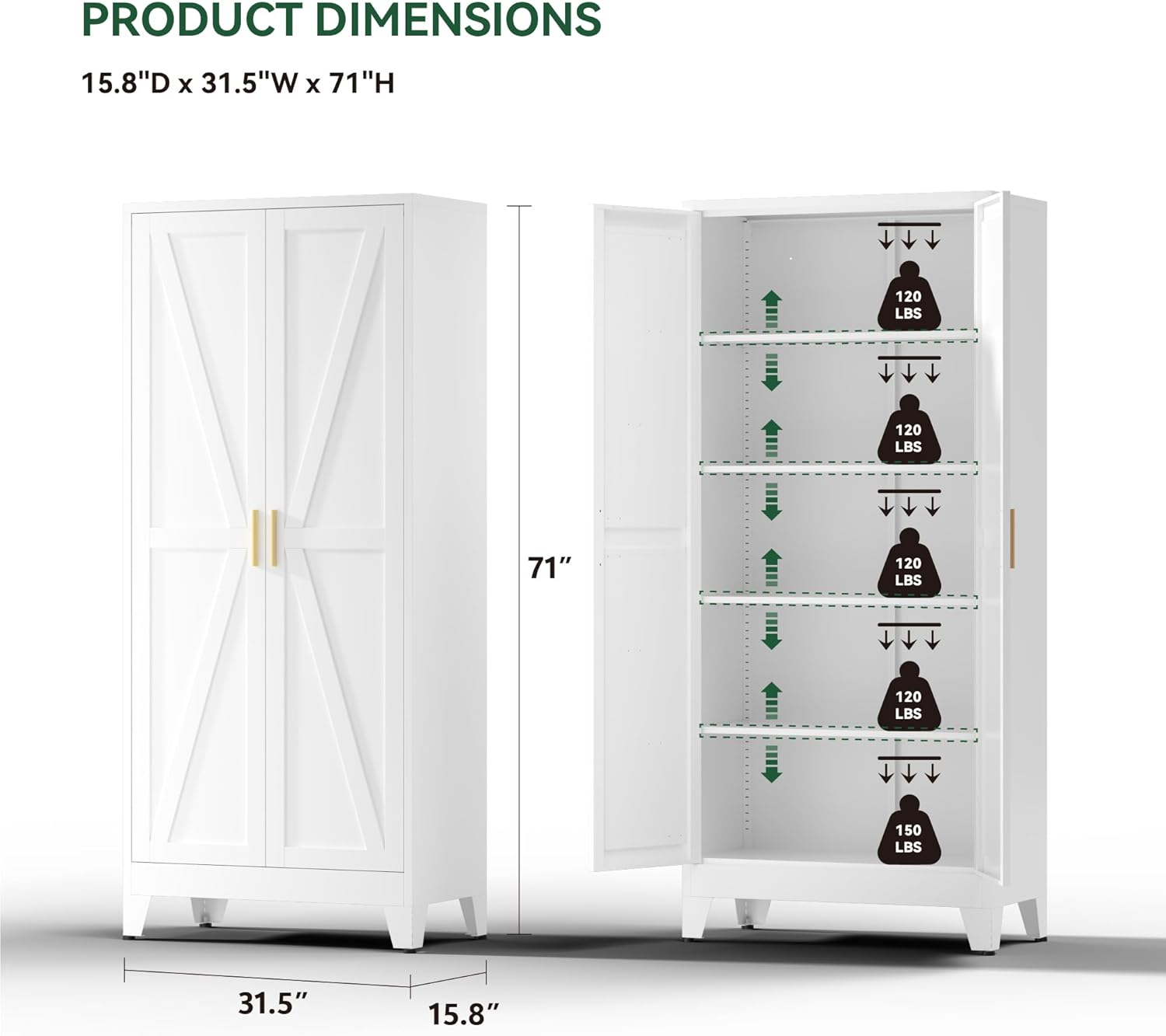 Kitchen Pantry Cabinet,71' H x 31.5' W,Metal Farmhouse Storage Cabinet with Adjustable Shelves and Barn Doors,5-Tier Storage Cabinet for Kitchen Dining Room Garage,White 1 Pack