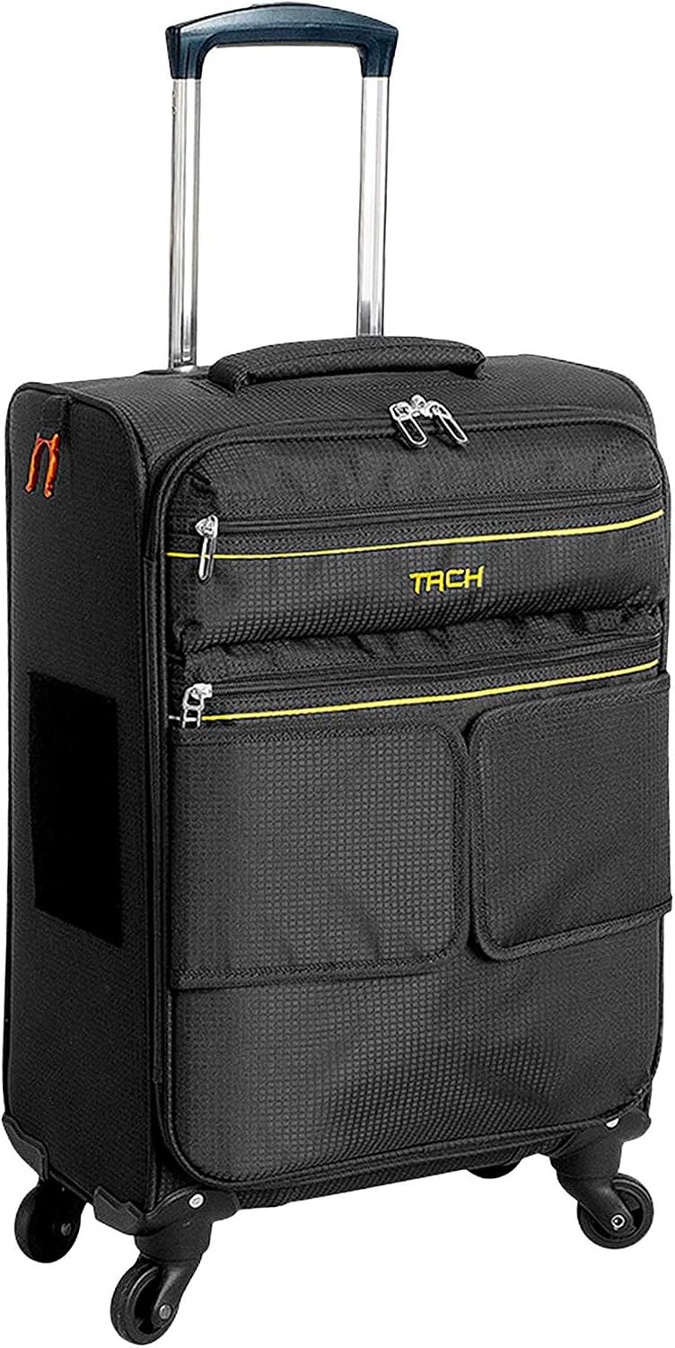 Tach LITE Soft Connectable Carry On Luggage 22x14x9 | Carry on Luggage with Spinner Wheels & Patented Built-In Connecting System | One Piece Rolling Suitcase Links 6 Bags At Once (Black)