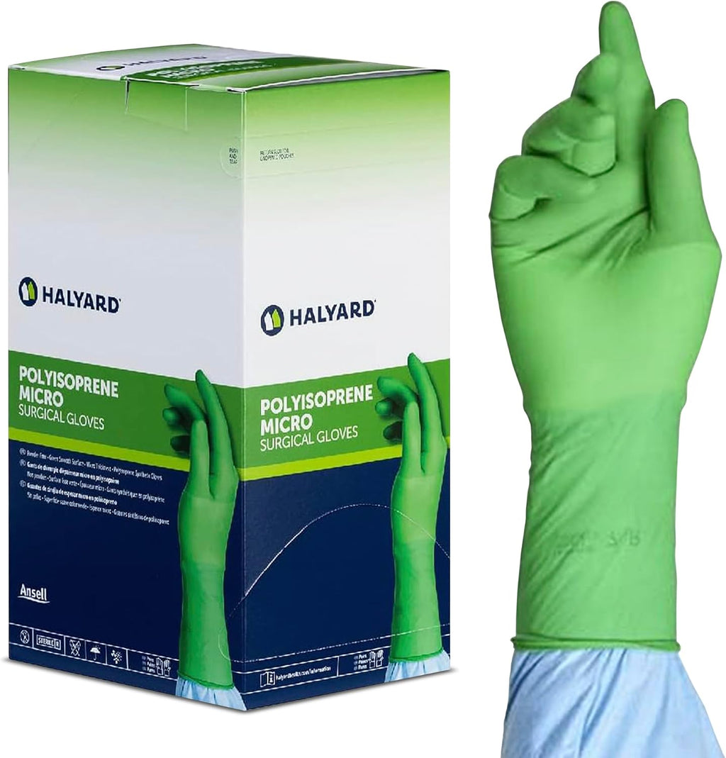 HALYARD Micro Surgical Gloves Sterile Polyisoprene Individually Wrapped Pairs Powder Free Medical Disposable Gloves, 7.9 mil, Size 5.5 XS, Green, SGL90055 (Box of 50 Pairs - 100 Total)