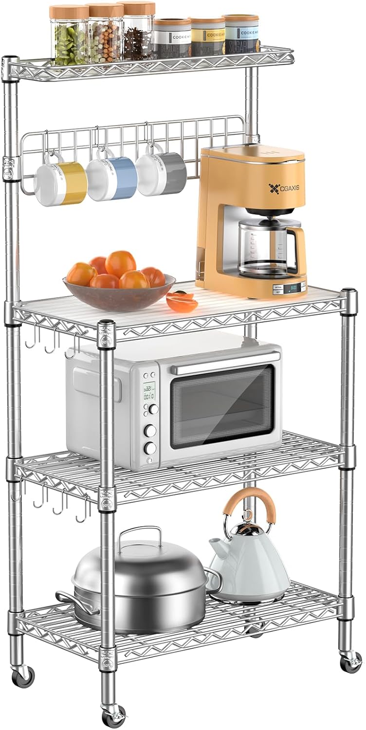 Leteuke Bakers Rack for Kitchen with Storage, NSF Certified 4-Tier Adjustable Coffee Bar with Wheels 10 S-Hooks Microwave Stand Kitchen Storage Shelf Metal Storage Rack 30 x 14 x 59 Inches, Chrome