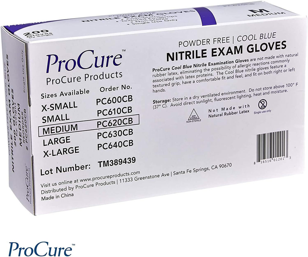 ProCure Disposable Nitrile Gloves - Medium, 2,000 Count Case - Powder Free, Rubber Latex Free, Medical Exam Grade, Non Sterile, Ambidextrous - Soft with Textured Tips - Cool Blue
