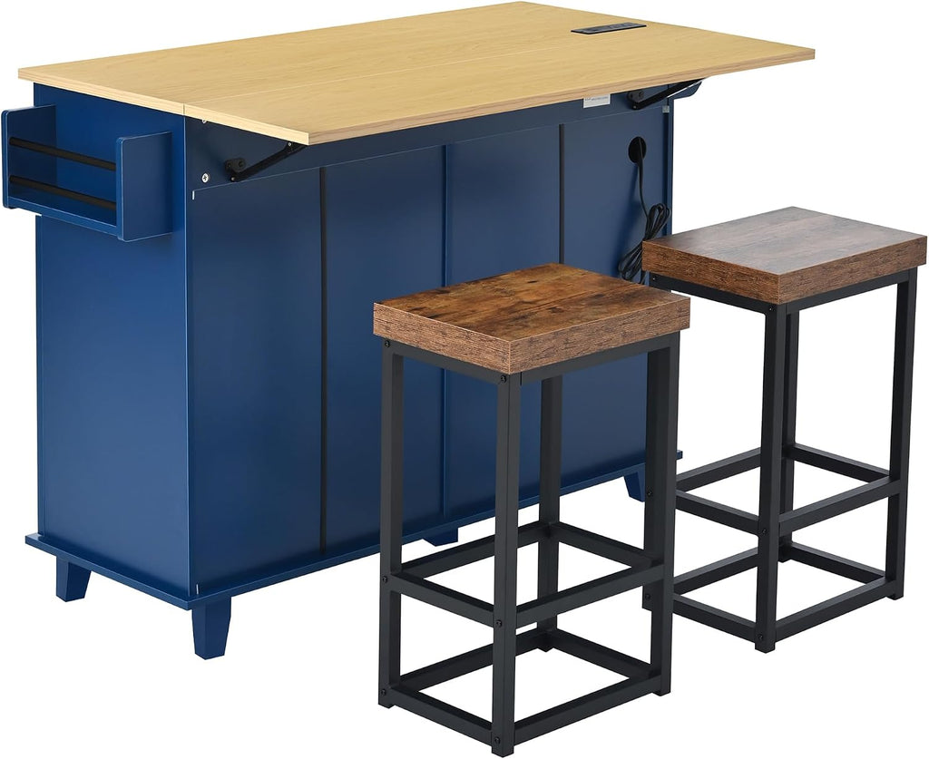 Farmhouse Kitchen Island with Drop Leaf and 2 Seatings, Kitchen Table Set with Storage Cabinet, Drawers, Door Shelves and Power Outlet Blue+Black+Brown