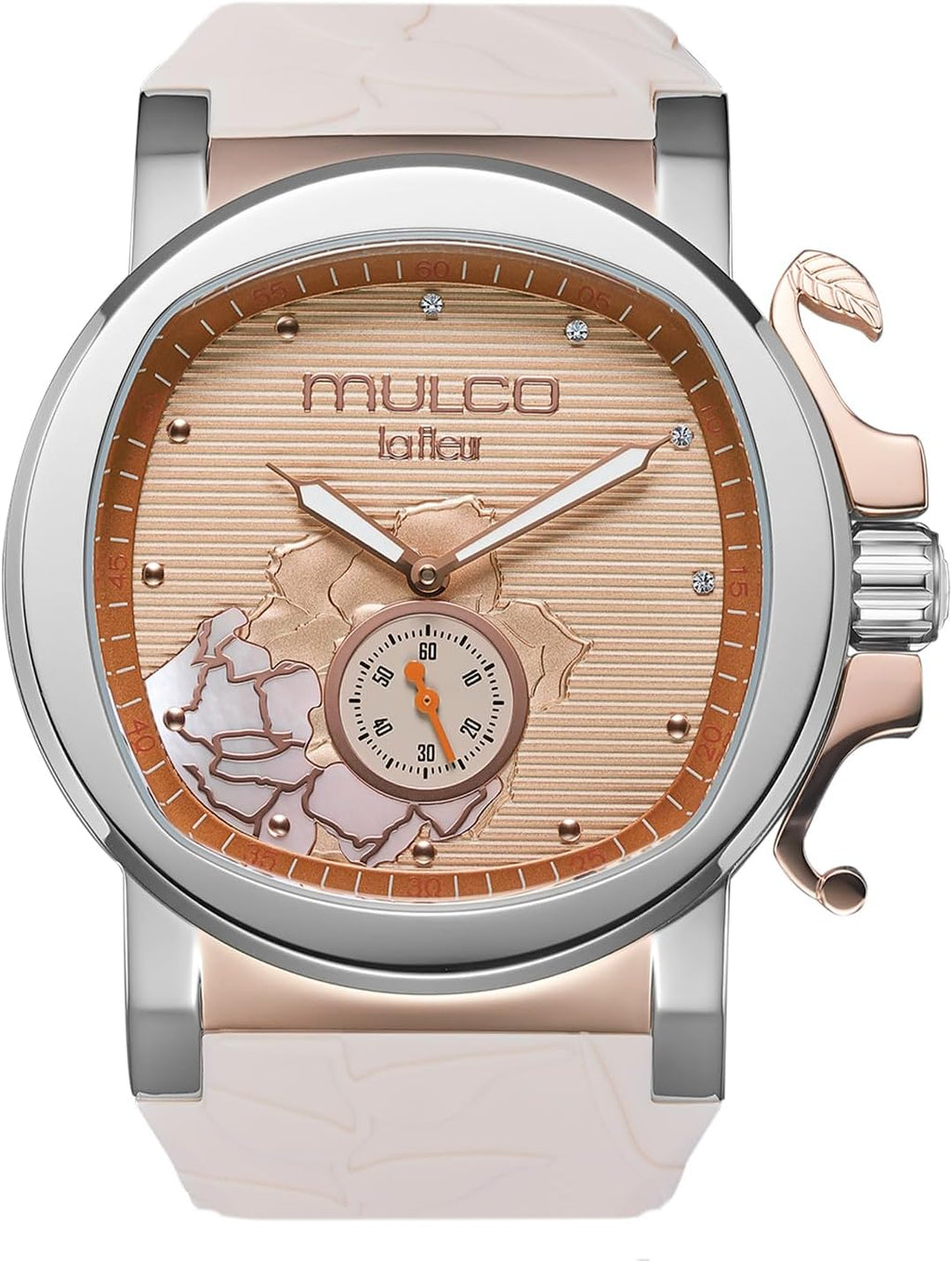 MULCO Le Fleur Gardenia Women's Watch – 43 mm Stainless-Steel Case, Rose-Gold Bezel, Mother-of-Pearl Dial with Crystal Accents, Pure Silicone Strap, Quartz Multifunction Movement, 10 ATM Waterproof