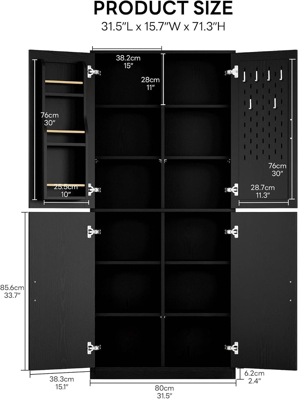 IRONCK 71' Kitchen Pantry Storage Cabinet with Storage Rack, Pegboard Doors, 4 Adjustable Shelves, Food Pantry Cabinet, Freestanding Tall Cupboard for Dining Room, Kitchen, Black