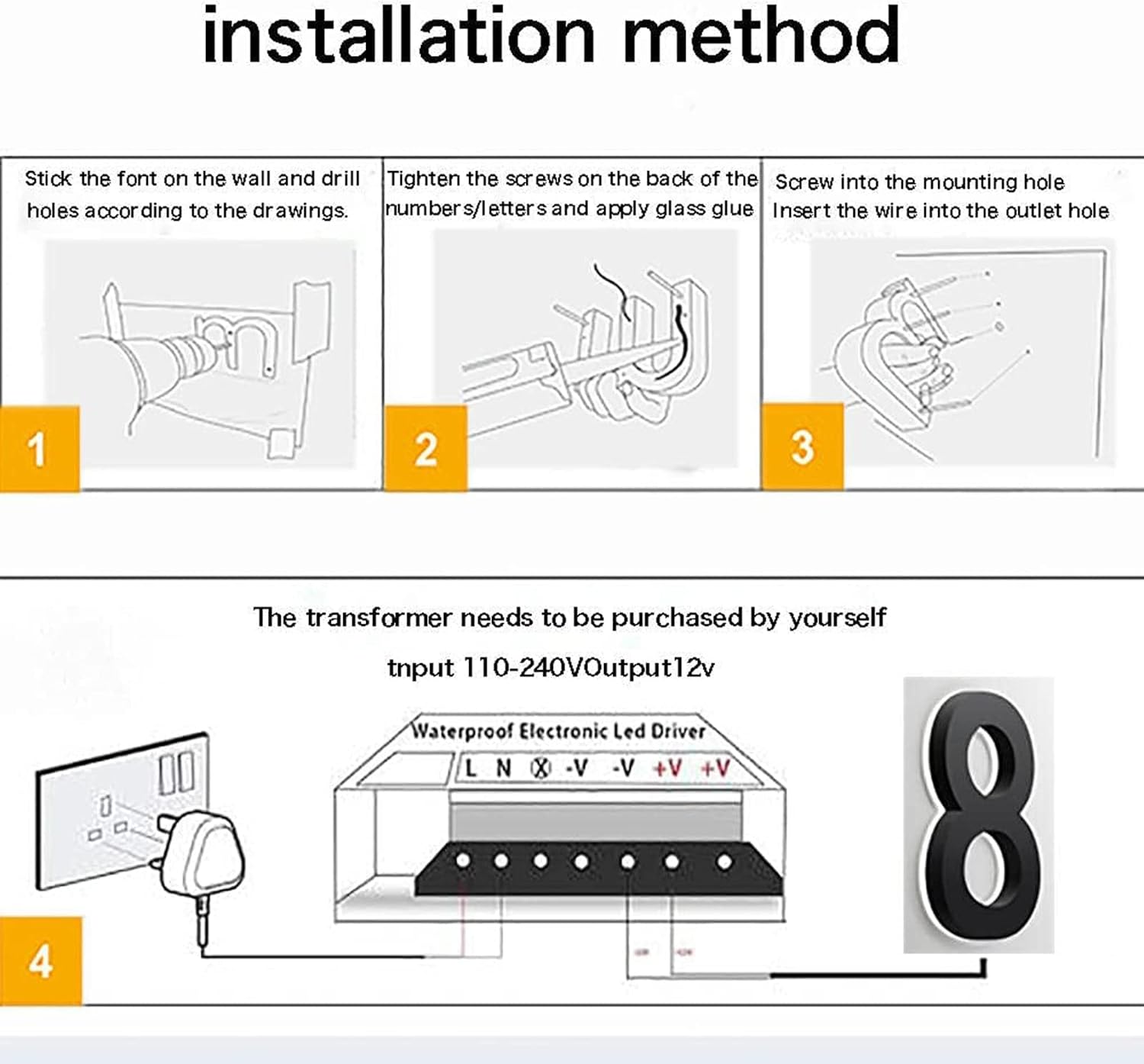 Modern LED House Number, Backlit Floating LED Home Address Numbers, Stainless Steel Black Light Up House Number For Outside, Yard, Street, White Light,14 Inch,2
