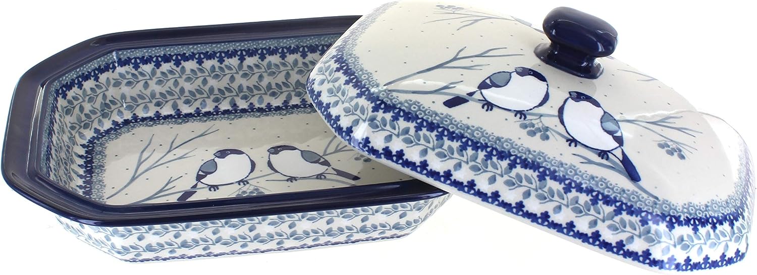 Blue Rose Polish Pottery - Bluebird Medium Covered Baker - 3 Cup Capcaity - Unique, Dishwasher Safe, & Durable Bakeware