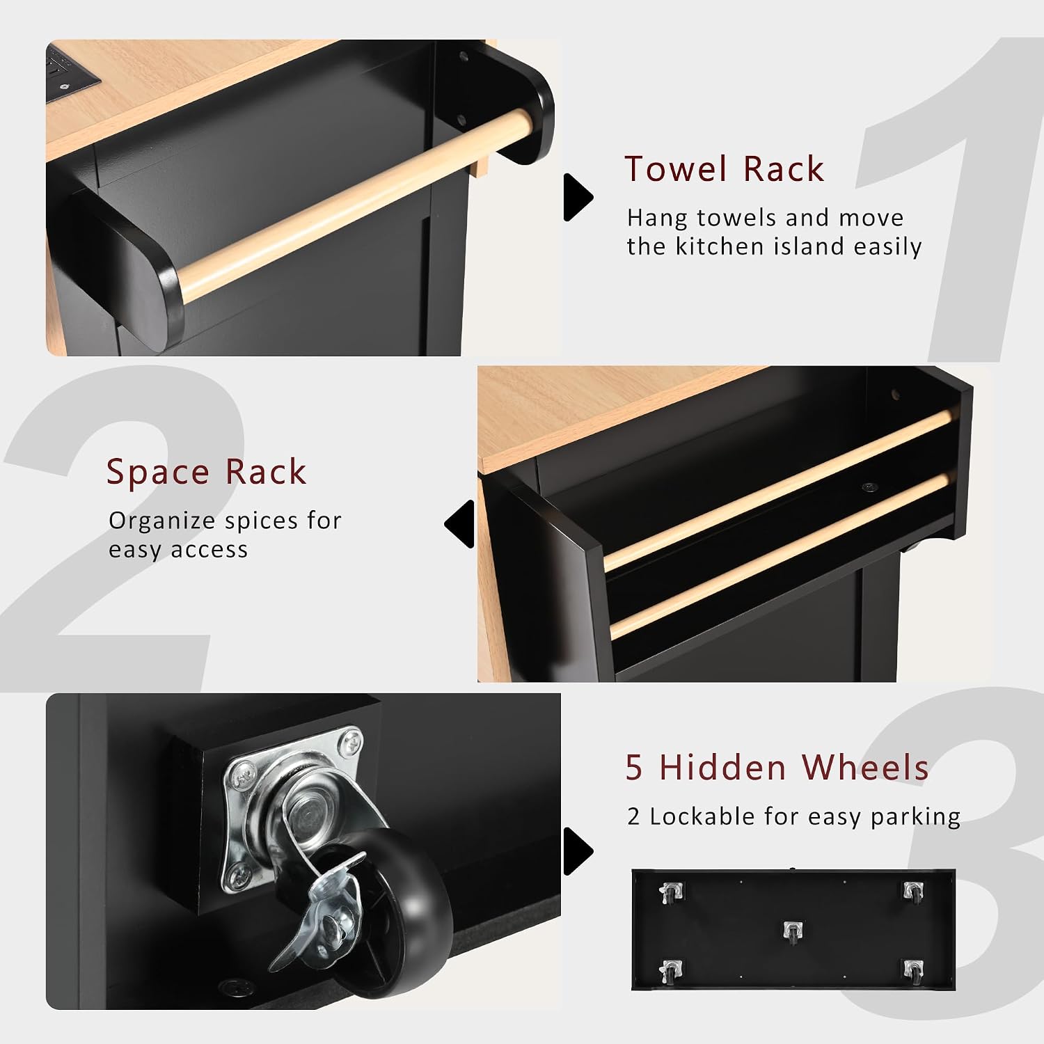 55.7'' Large Kitchen Island w/2 Drop Leaf,, Rolling Kitchen Cart on 5 Wheels with Power Outlet, Folding Storage Dining Table with Spice & Towel Rack , 3 Drawers, for Kitchen, Dining Room (Black )