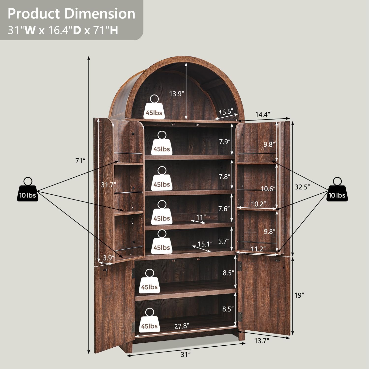 IFGET 71' Tall Arched Kitchen Pantry, Modern Fluted Wood Storage Cabinet with Doors, 3 Adjustable Shelves, 6 Door Shelves, Organizer, Versatile Cupboard for Kitchen, Bathroom, Brown
