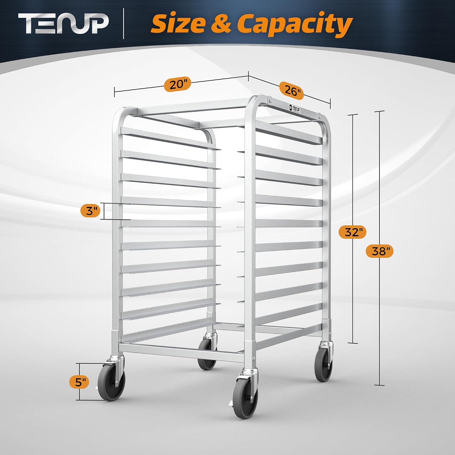 TenUp 10-Tier NSF Aluminum Sheet Pan Rack, Commercial Bakery Cooling & Storage Cart with Wheels, Heavy-Duty Bun Rack – 26' L x 20' W x 38' H