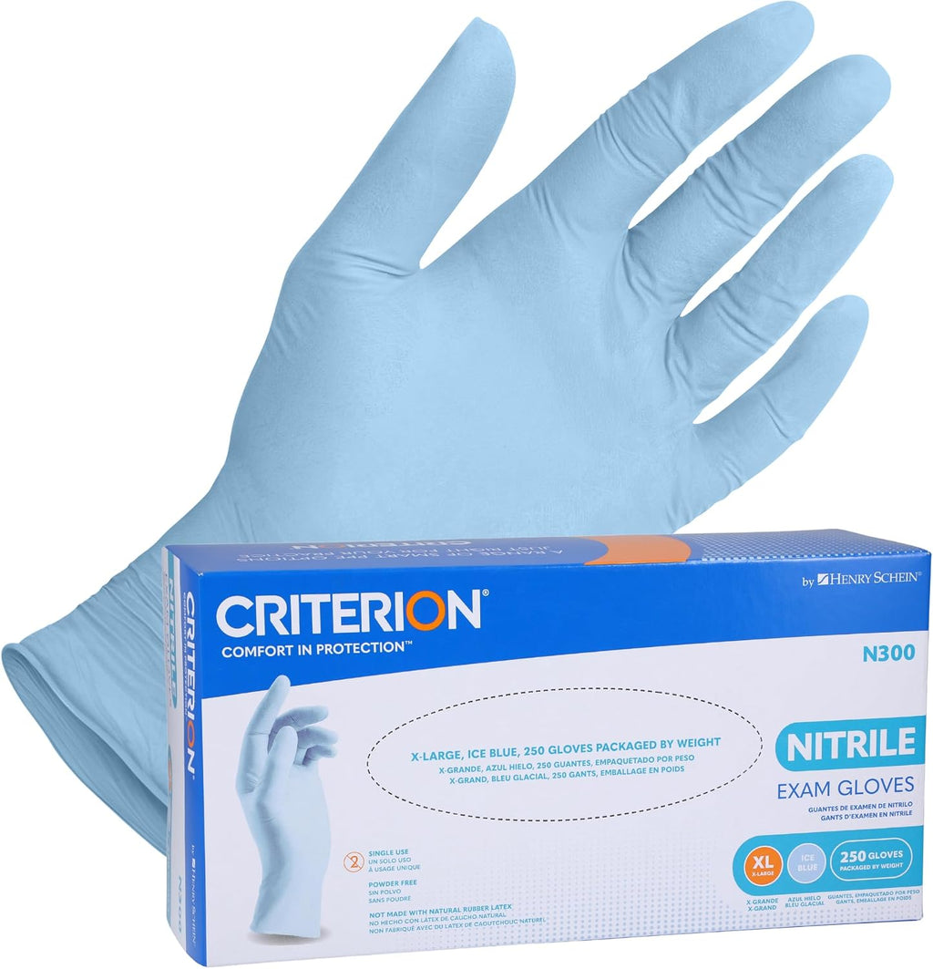 Henry Schein Criterion N300 Nitrile Exam Gloves, Ice Blue – Chemo Tested, Latex-Free, Chlorinated, 2.76 Mil, Non-Sterile