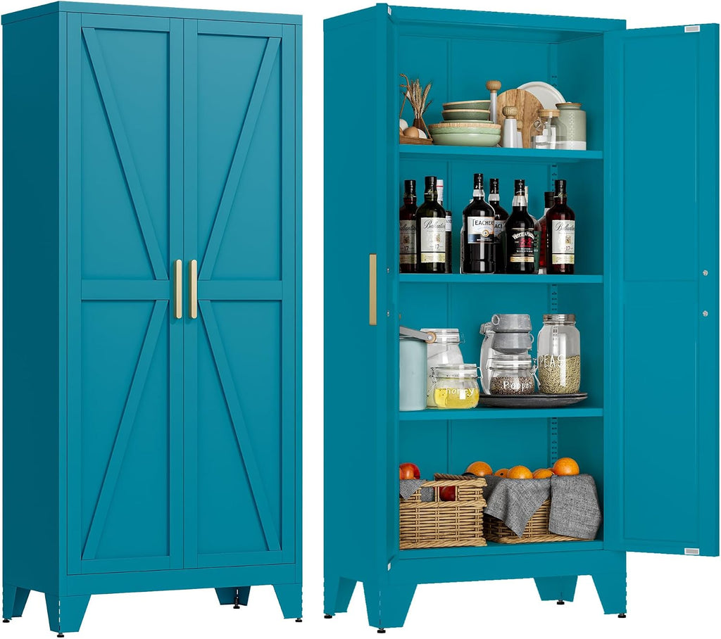 LCAOPC 61' Tall Metal Storage Cabinet with 2 Doors and 3 Adjustable Shelves, 4-Tier Kitchen Pantry Storage Cabinet for Kitchen, Living Room, Dining Room and Office, Blue