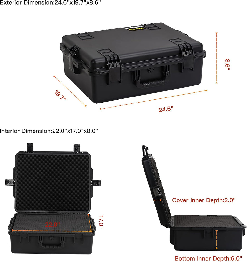 MEIJIA Premium Portable All Weather Heavy Duty Waterproof Hard Compact Camera Case with Customizable Fit Foam, Lightweight Design,24.6'X19.7'X8.6',Black