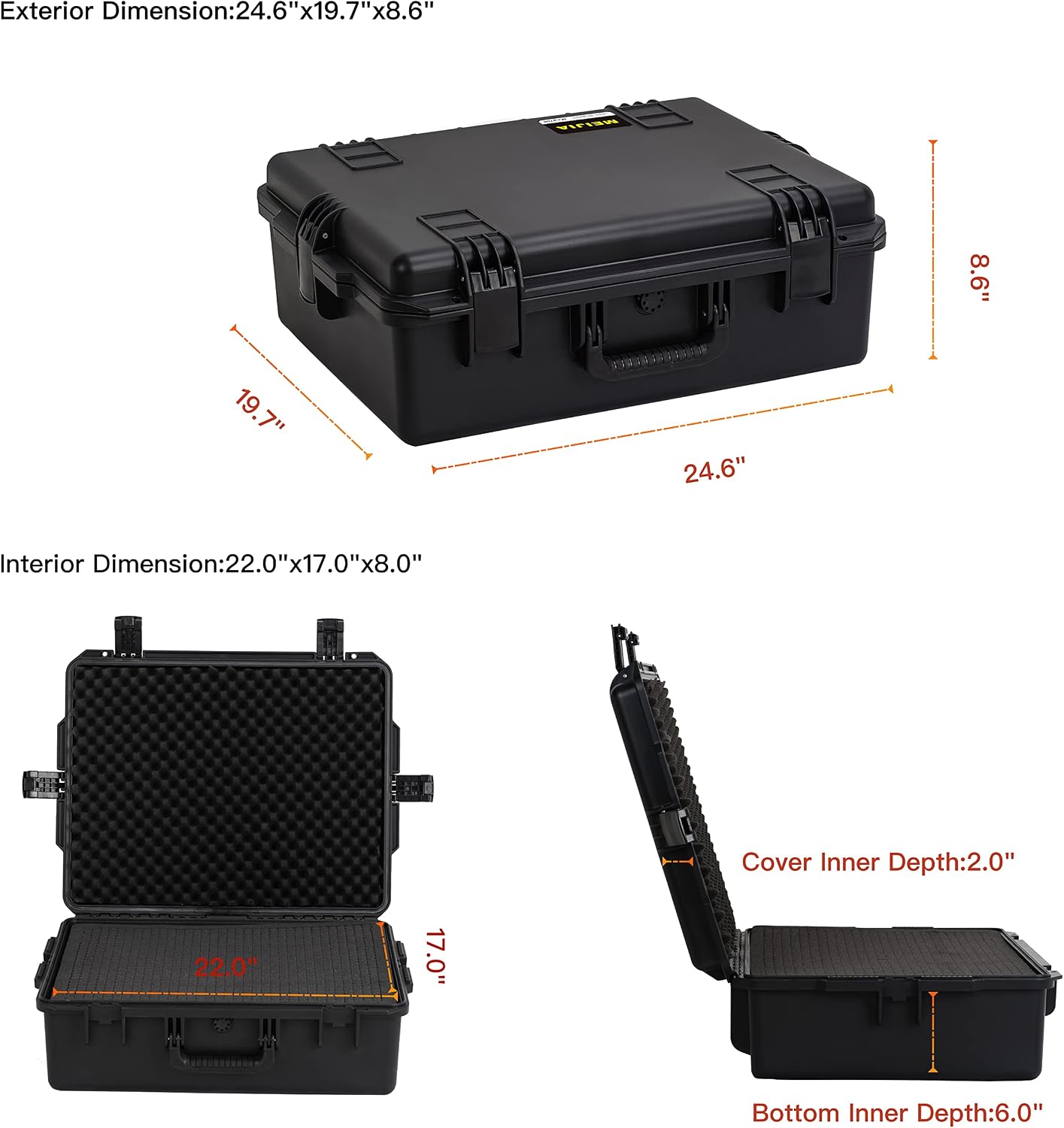 MEIJIA Premium Portable All Weather Heavy Duty Waterproof Hard Compact Camera Case with Customizable Fit Foam, Lightweight Design,24.6'X19.7'X8.6',Black