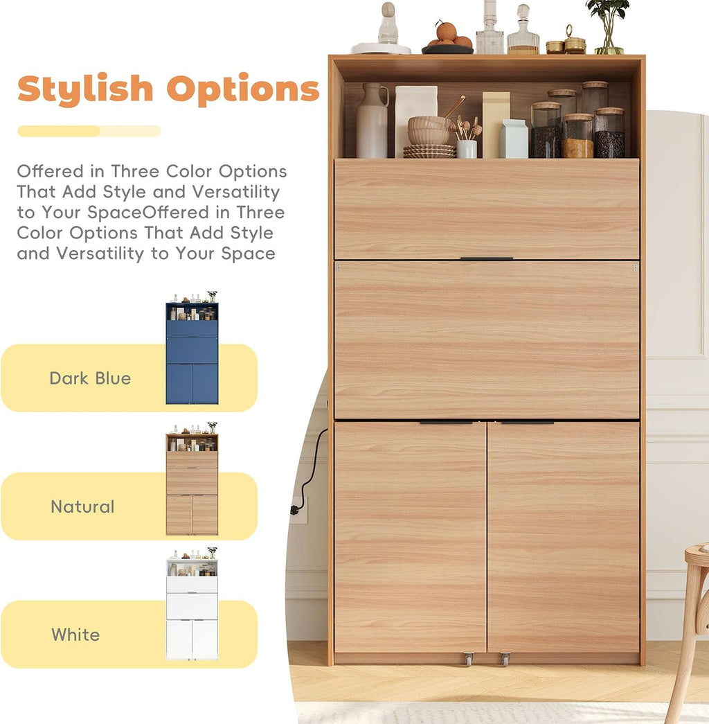 Farmhouse Pantry Cabinet with Foldable Workstation, 69' Tall Buffet with Hutch and Storage, Multifunctional Kitchen Cabinet with Adjustable Shelf and Power Outlet for Dining Room (Natural)