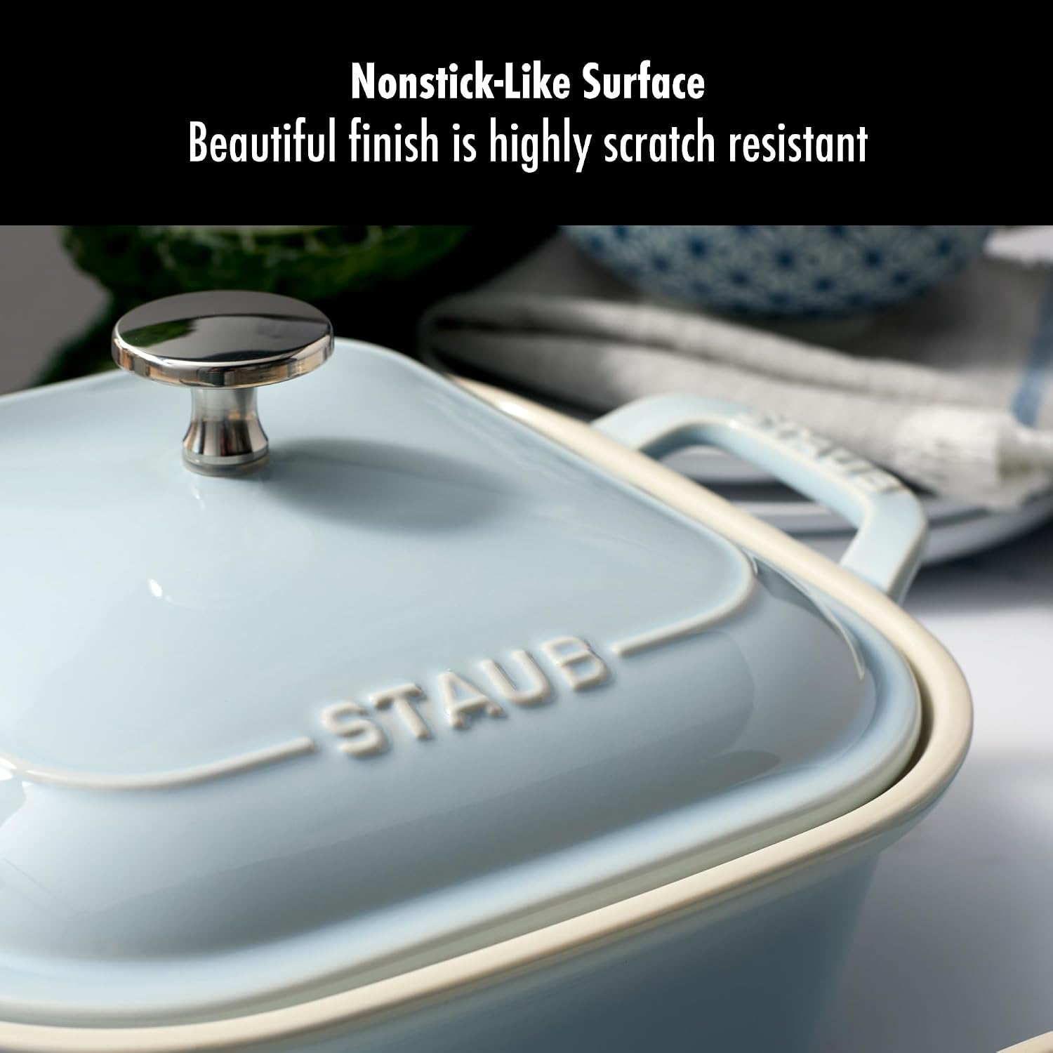 Staub Ceramic 4-pc Baking Pans Set, Casserole Dish with Lid, Brownie Pan, Light Blue