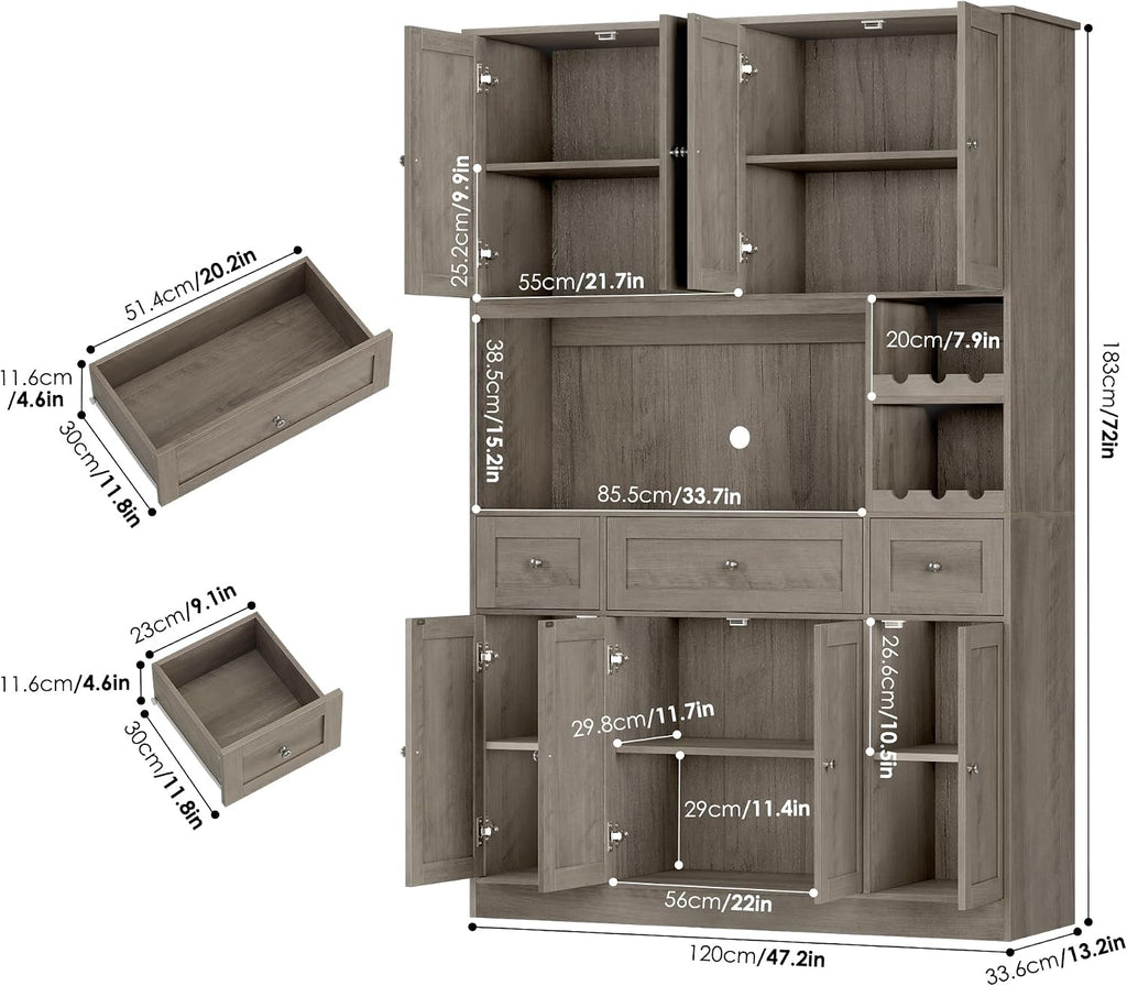 BOTLOG Pantry Organizers and Storage Cabinet, 72' Tall Kitchen Pantry Storage Cabinet with Microwave Stand, Wine Rack, Drawers and Adjustable Shelf for Dining Room, Living Room, Home BarAsh Grey