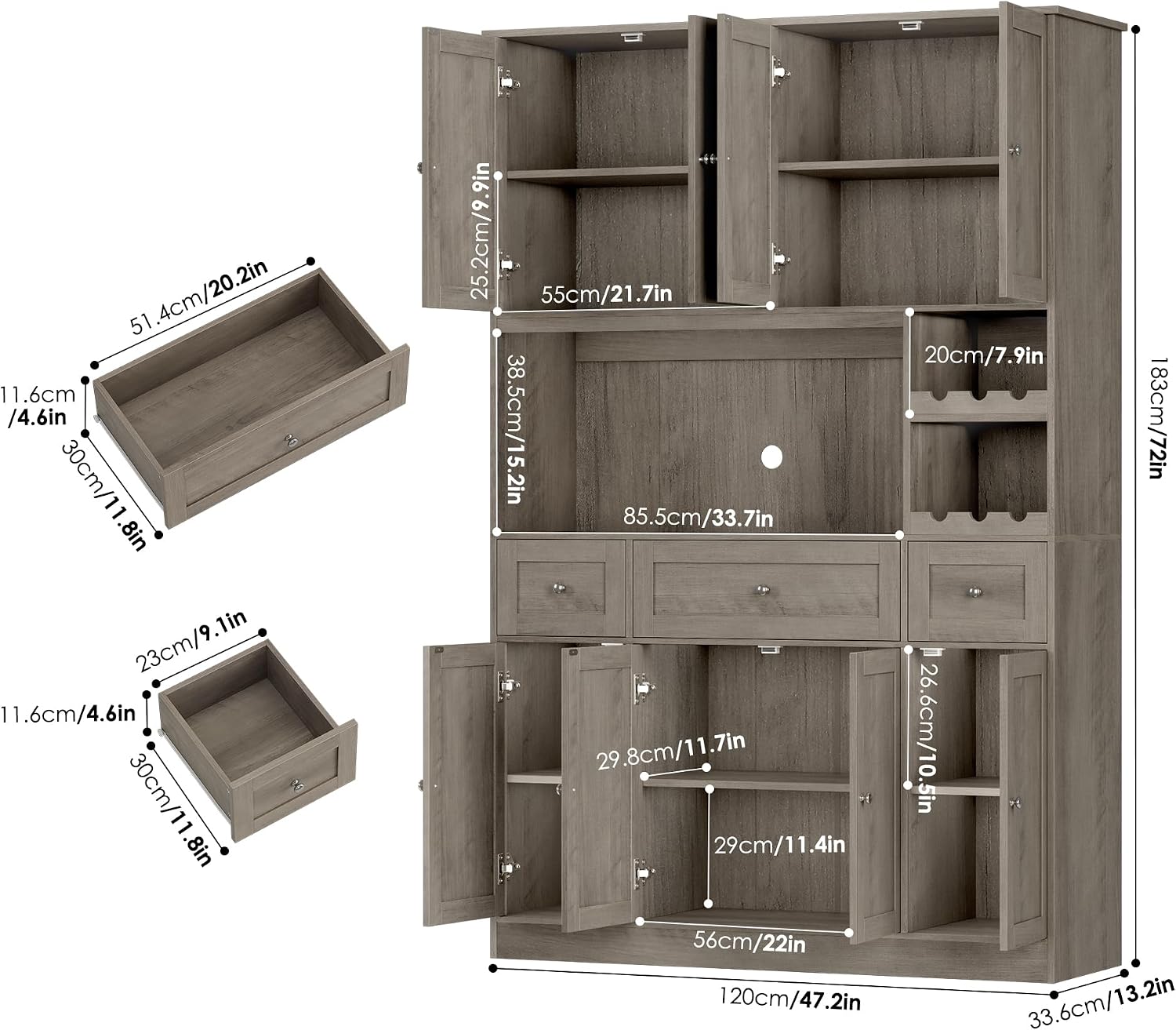 BOTLOG Pantry Organizers and Storage Cabinet, 72' Tall Kitchen Pantry Storage Cabinet with Microwave Stand, Wine Rack, Drawers and Adjustable Shelf for Dining Room, Living Room, Home BarAsh Grey