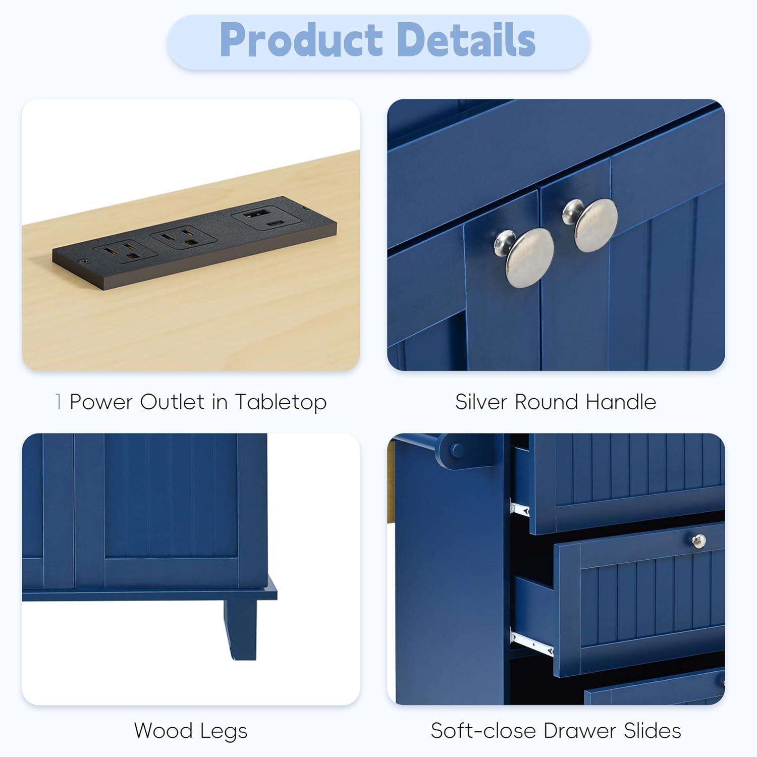 Farmhouse Kitchen Island with Drop Leaf and 2 Seatings, Kitchen Table Set with Storage Cabinet, Drawers, Door Shelves and Power Outlet Blue+Black+Brown