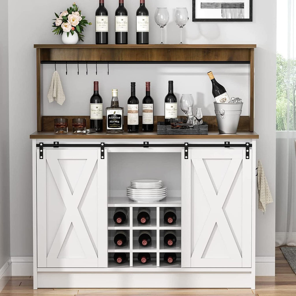 4ever2buy Farmhouse Coffee Bar Cabinet with Hutch, 47 Inch Buffet Cabinet with Storage, White Wine Bar with 9 Wine Racks and 6 Hooks, Coffee Bar Table with Adjustable Shelves for Living Dining Room