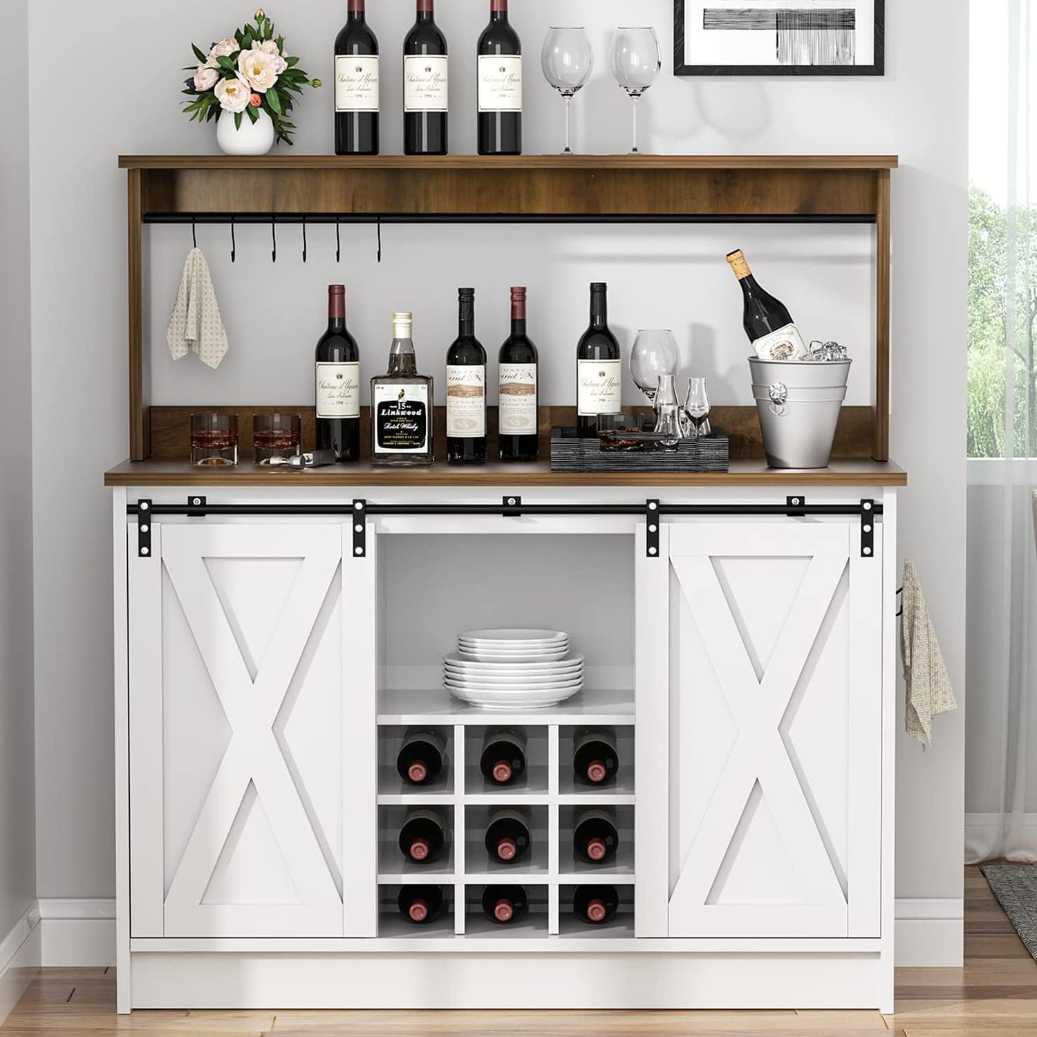4ever2buy Farmhouse Coffee Bar Cabinet with Hutch, 47 Inch Buffet Cabinet with Storage, White Wine Bar with 9 Wine Racks and 6 Hooks, Coffee Bar Table with Adjustable Shelves for Living Dining Room