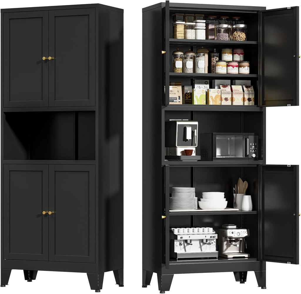 Metal Kitchen Pantry Cabinet, 69' Tall Black Storage Cabinet with 4 Doors and 3 Adjustable Shelves, Freestanding Cupboards with Microwave Stand for Dining Room, Living Room, Bathroom