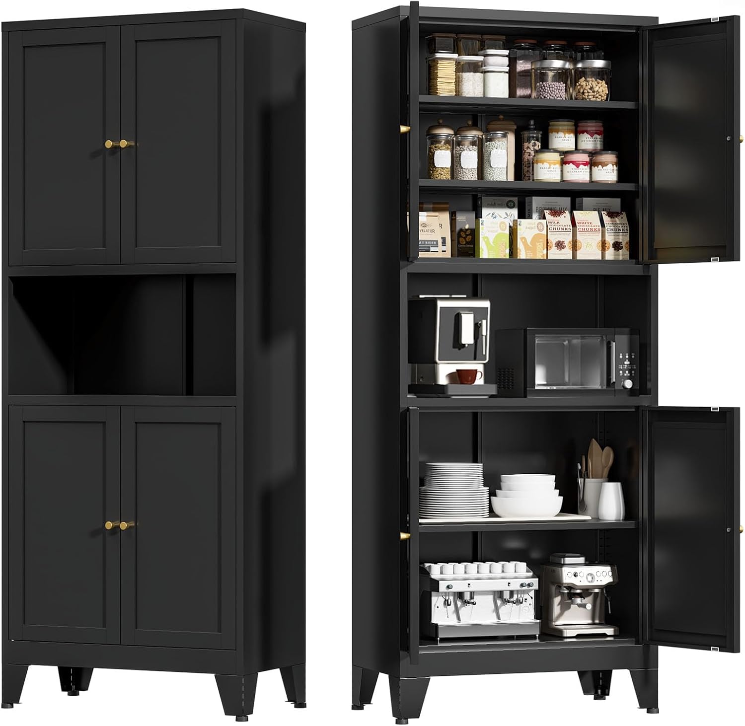 Metal Kitchen Pantry Cabinet, 69' Tall Black Storage Cabinet with 4 Doors and 3 Adjustable Shelves, Freestanding Cupboards with Microwave Stand for Dining Room, Living Room, Bathroom