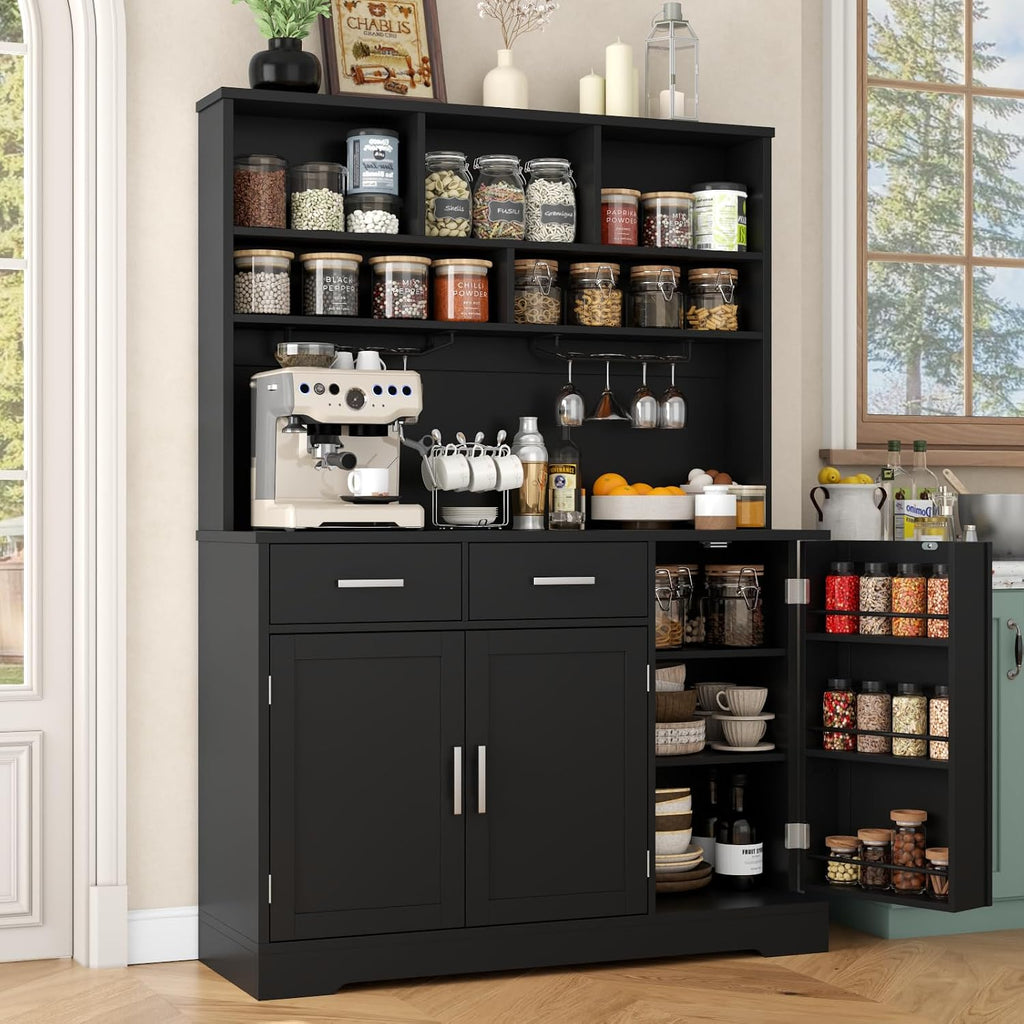 Tall Pantry Cabinet, Modern Kitchen Hutch with Microwave Stand, Kitchen Pantry Storage Cabinet with 2 Darwers & Door Shelf, Food Pantry with Goblet Holders & Adjustable Shelves for Dining Room, Black