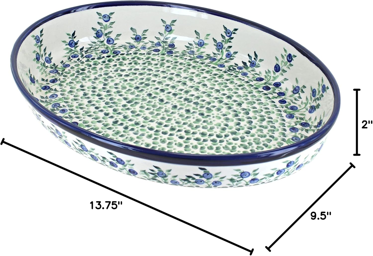 Blue Rose Polish Pottery - Green Porcelain Vine Large Oval Baker - 14' x 10.25' - Unique, Dishwasher Safe, & Durable Bakeware