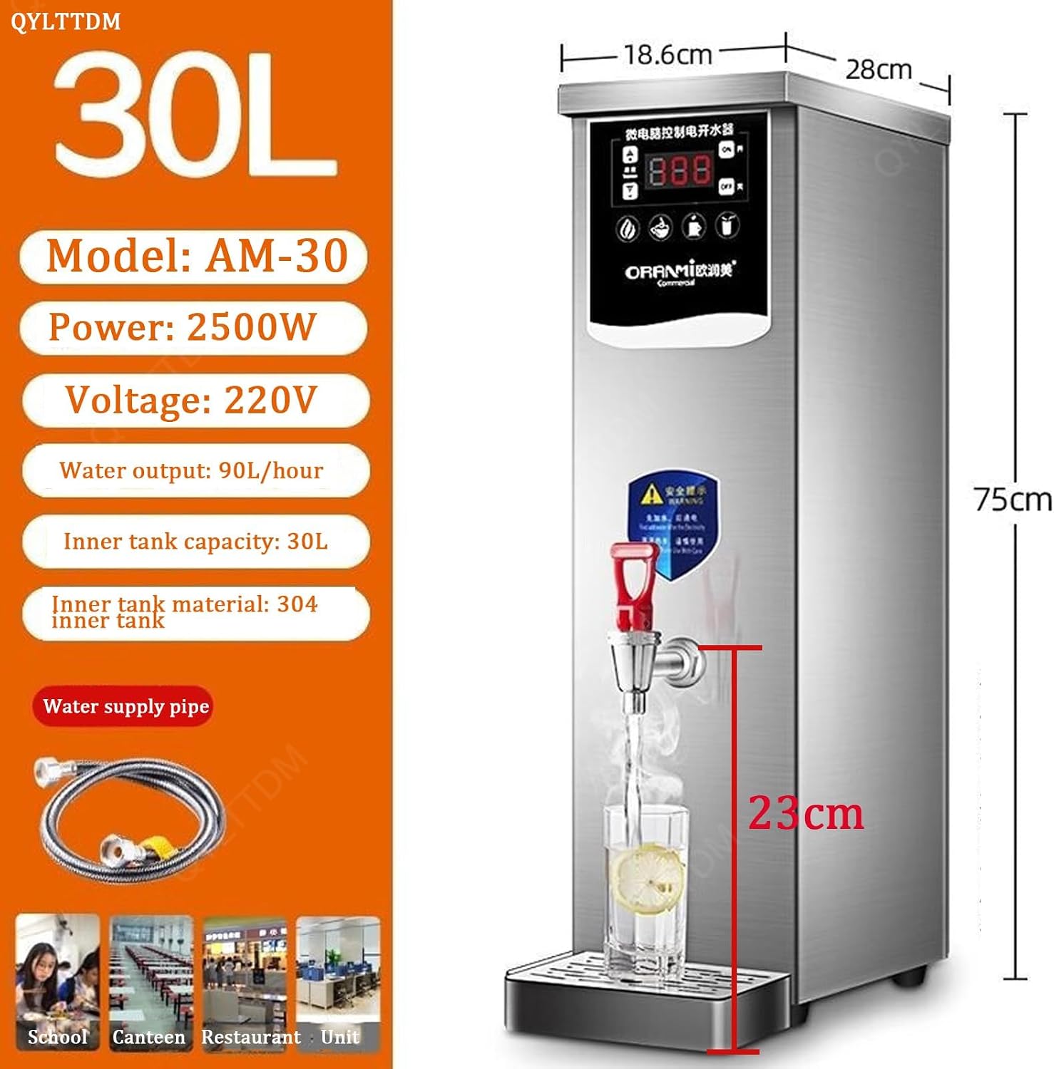 Hot Water Boiler, 2500W Autofill Stainless Steel Tea Maker, Digital Control Panel, Auto Temperature Control, Fast Boiling Water, Non Drip Tap, 35/60/90L/H Water Production (A 30L 75CM)
