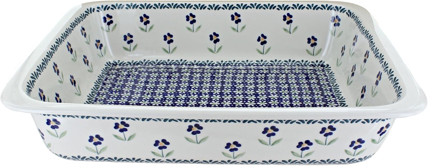 Blue Rose Polish Pottery - Blue Daisy Large Rectangular Baker - 14' x 11.25' - Unique, Dishwasher Safe, & Durable Bakeware