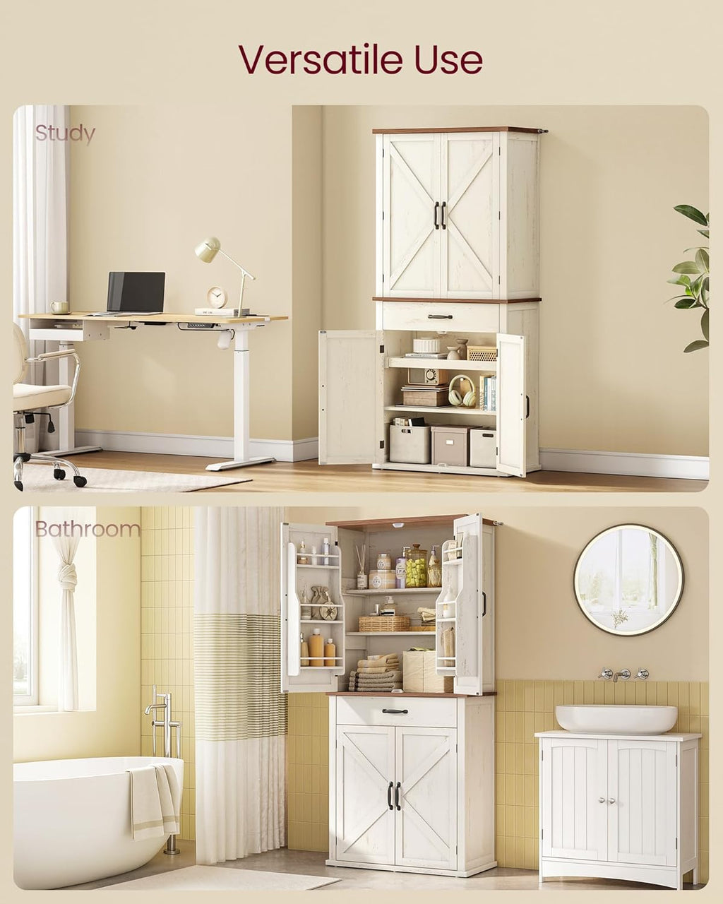 VASAGLE LIRY Collection - Pantry Cabinet, 70.3-Inch Tall Farmhouse Kitchen Storage Cabinet with Barn Doors, Drawer, Tray, Adjustable Shelves, for Kitchen, Dining Room, Rustic White UBBK364W01