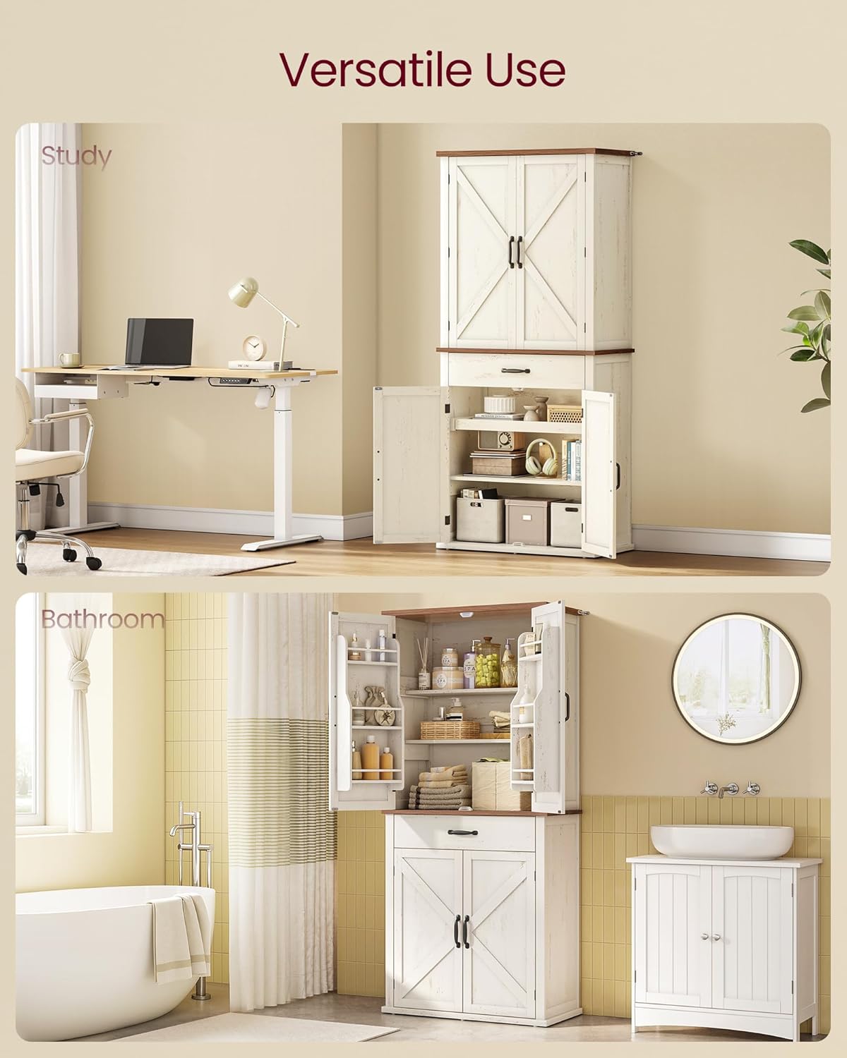 VASAGLE LIRY Collection - Pantry Cabinet, 70.3-Inch Tall Farmhouse Kitchen Storage Cabinet with Barn Doors, Drawer, Tray, Adjustable Shelves, for Kitchen, Dining Room, Rustic White UBBK364W01
