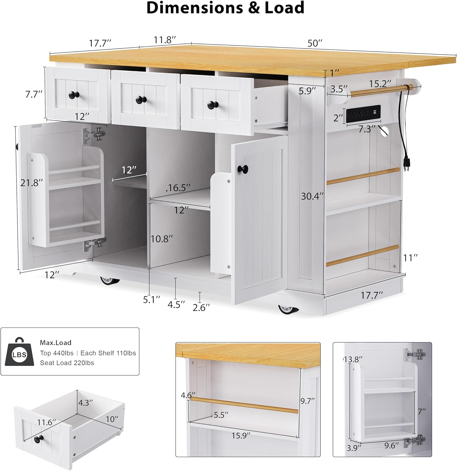 Classic Large Kitchen Island with Drop Leaf, Power Outlet, Door Internal Storage Rack, Rolling Kitchen Storage Cart on 5 Wheels with 5 Open Side Racks, 3 Drawers for Home, Dining Room (White/Wheels)