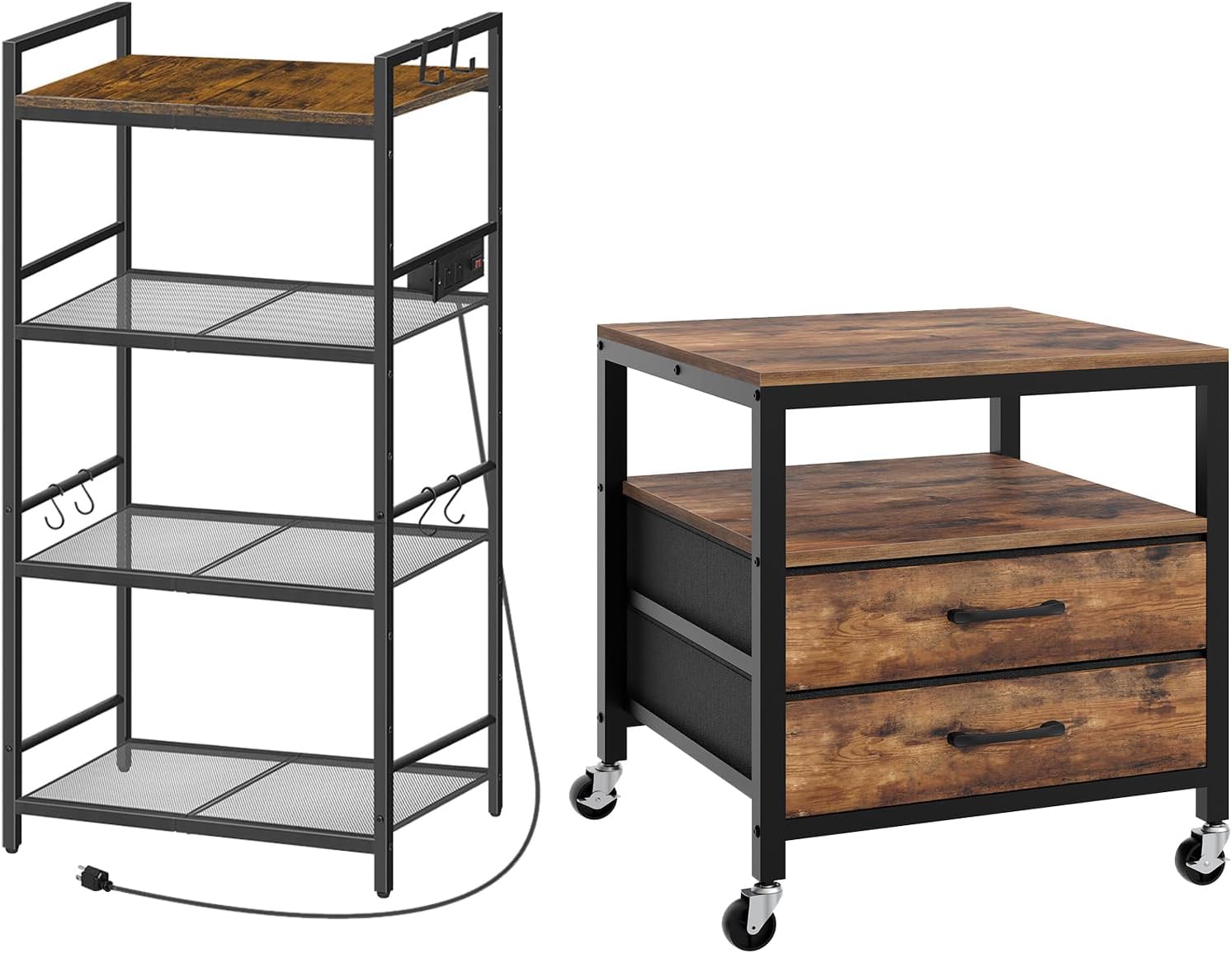 MAHANCRIS Bakers Rack with Power Outlet and Mini Fridge Stand Bundle, 4-Tier Fridge Stand with Storage, BRHR40E01N1-RSHR5001