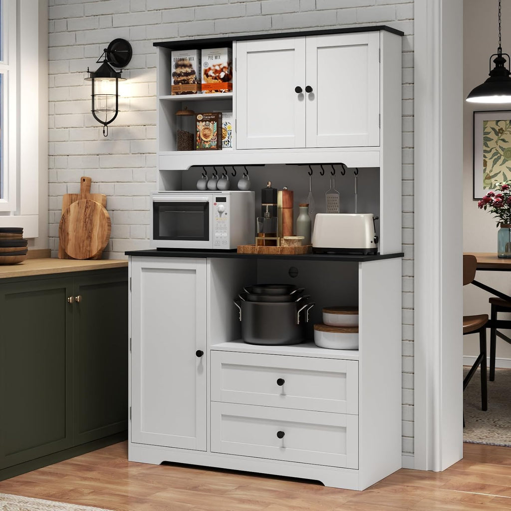 68'Tall Kitchen Pantry Storage Cabinet with Charging Station, Upgrade Pantry Cabinet with Doors & Shelves and Wine Glass Holder,Kitchen Hutch Cabinet with Microwave Stand for Kitchen (White+Black)