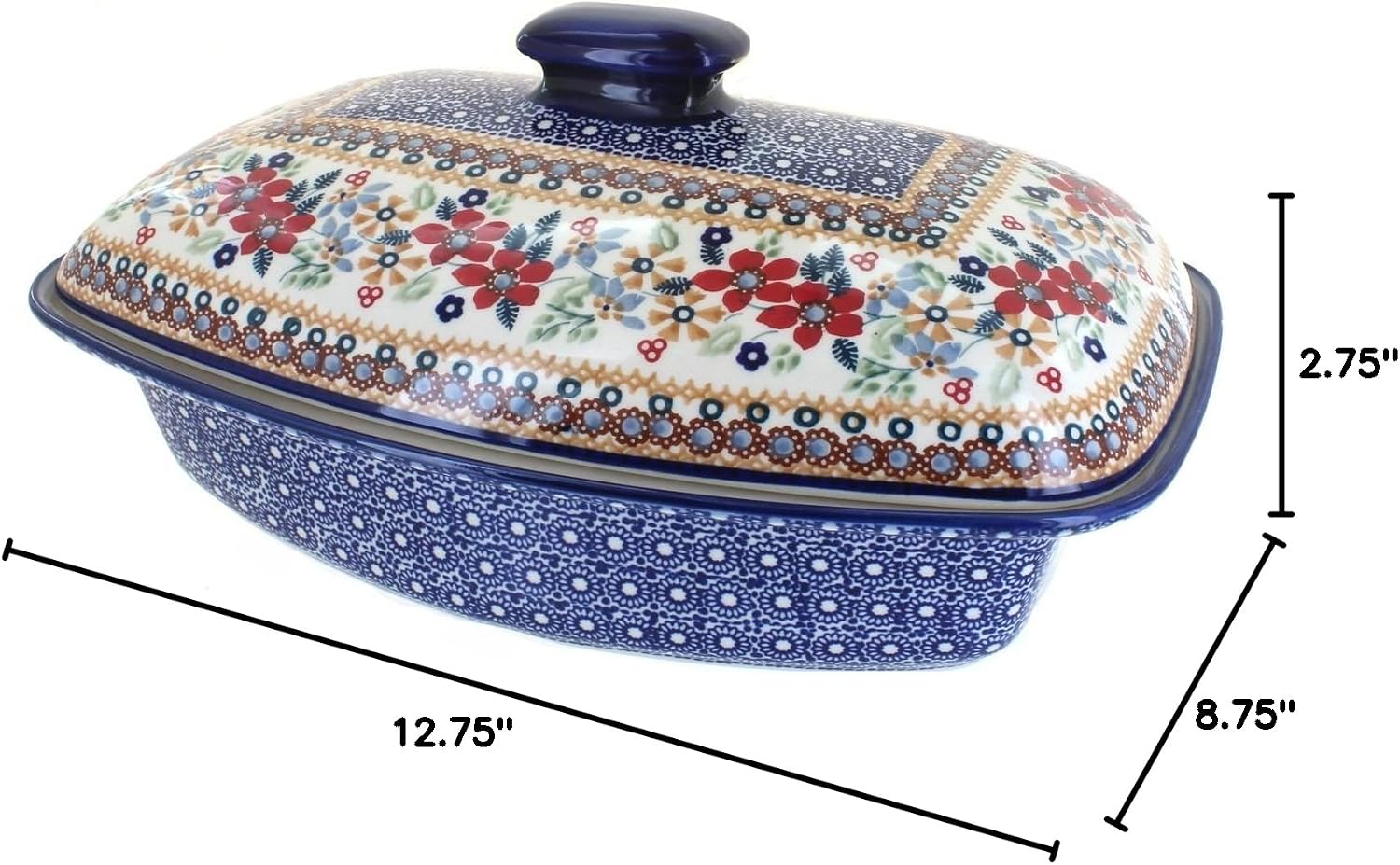 Blue Rose Polish Pottery - Red Daisy Covered Baker - 2 QT Capacity - Unique, Dishwasher Safe, & Durable Bakeware