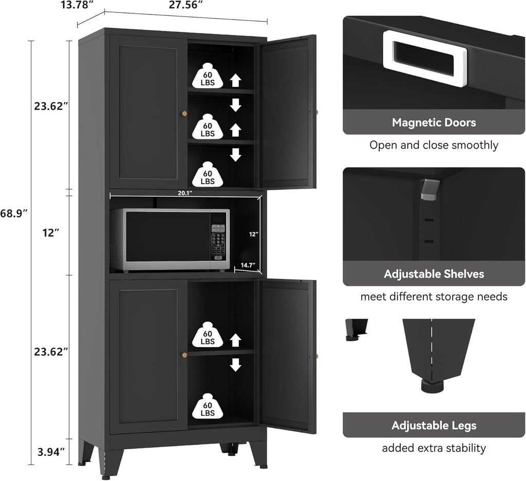 YAUWOH 69' Tall Metal Pantry Cabinet with Microwave Shelf, 4 Doors & 3 Adjustable Shelves, 120LBS Per Shelf Heavy Duty Storage Cabinet with Anti-Tip Design for Kitchen,Dining Room (1PC,Black)
