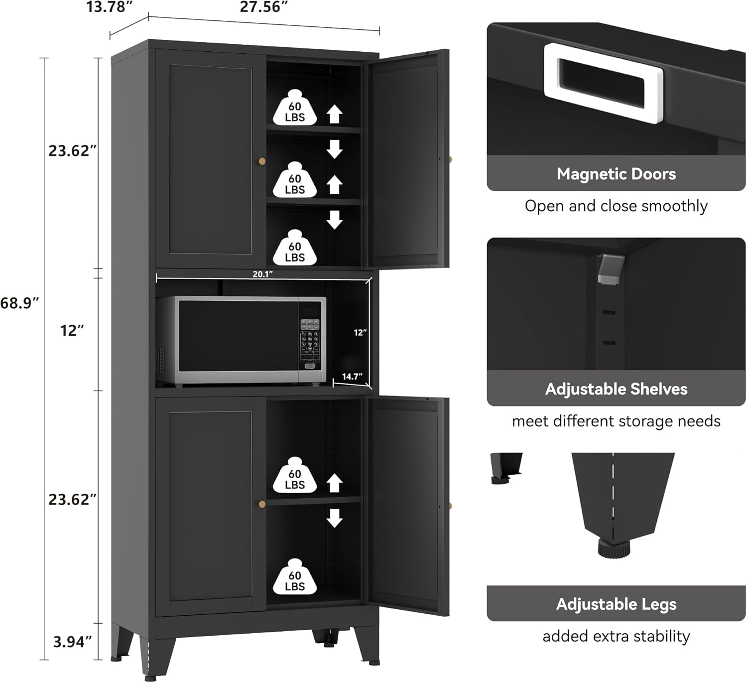 YAUWOH 69' Tall Metal Pantry Cabinet with Microwave Shelf, 4 Doors & 3 Adjustable Shelves, 120LBS Per Shelf Heavy Duty Storage Cabinet with Anti-Tip Design for Kitchen,Dining Room (1PC,Black)