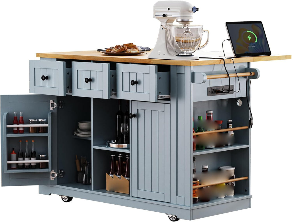 53' Large Kitchen Island with Drop Leaf and Power Outlet Rolling Kitchen Cart with 5 Wheels Internal Door Storage Racks and 5 Side Racks Grey Blue