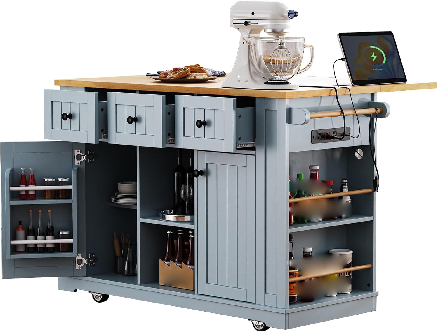 53' Large Kitchen Island with Drop Leaf and Power Outlet Rolling Kitchen Cart with 5 Wheels Internal Door Storage Racks and 5 Side Racks Grey Blue