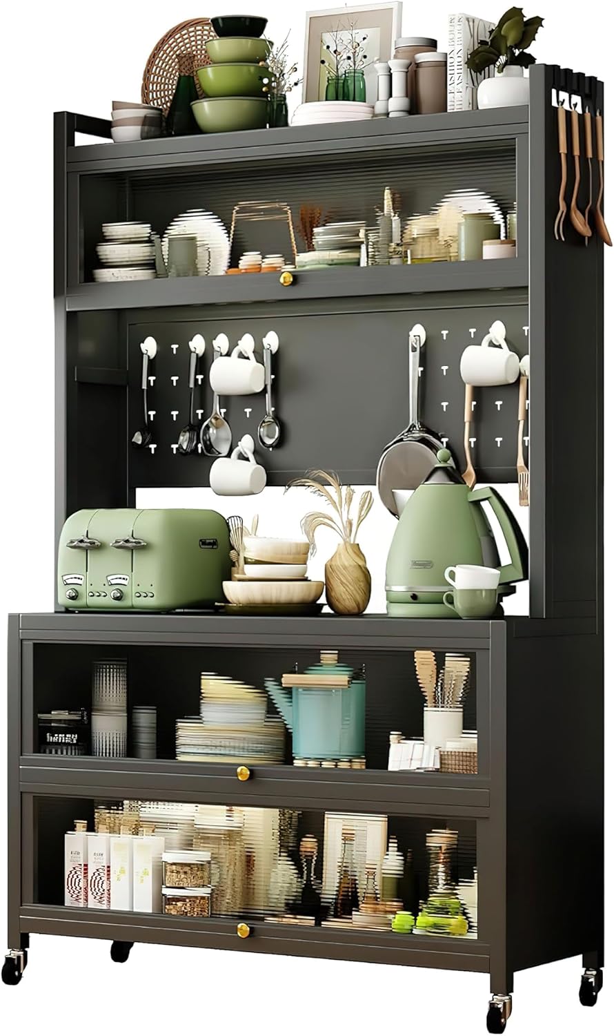 SunSettler Kitchen Pantry Storage Cabinet, 5 Tier Metal Sideboard with Wheels and Acrylic Glass Door, Modern Kitchen Storage Rack for Home, Office, Pantry, Garage (Black, 80cm)
