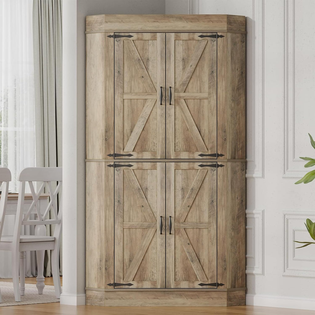 Gyfimoie Corner Cabinet,Kitchen Pantry Storage Cabinet,Freestanding Buffet Hutch with 4 Doors and Shelves,Tall Food Pantry Farmhouse Furniture with Side Rack for Kitchen Dining Room(Retro)